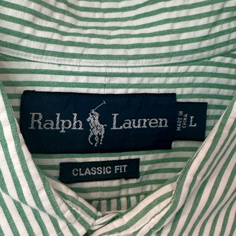 Ralph Lauren Men's Green Striped Button Down Shirt Searsucker - Picture 2 of 2